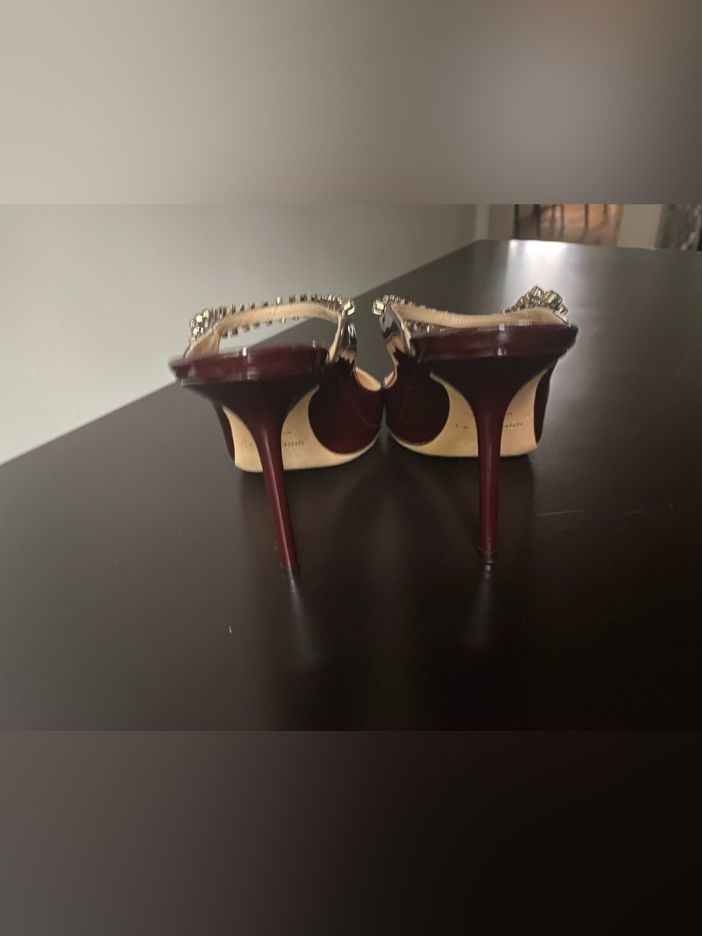 Jimmy Choo Bordeaux (Burgundy) Patent Crystal-Embellished Bing Heels - Picture 2 of 10